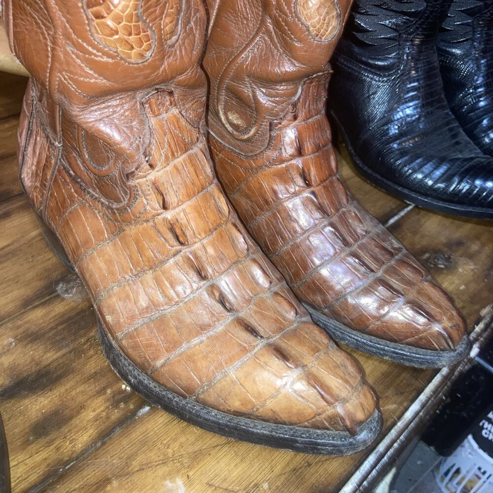 Vtg Cowtown Alligator-Caiman Tail Cowboy Western Boots Men 7D brown USA Made